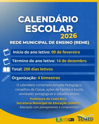 Imagem da notícia Prefeitura de Costa Rica define calendário escolar de 2026 na rede municipal